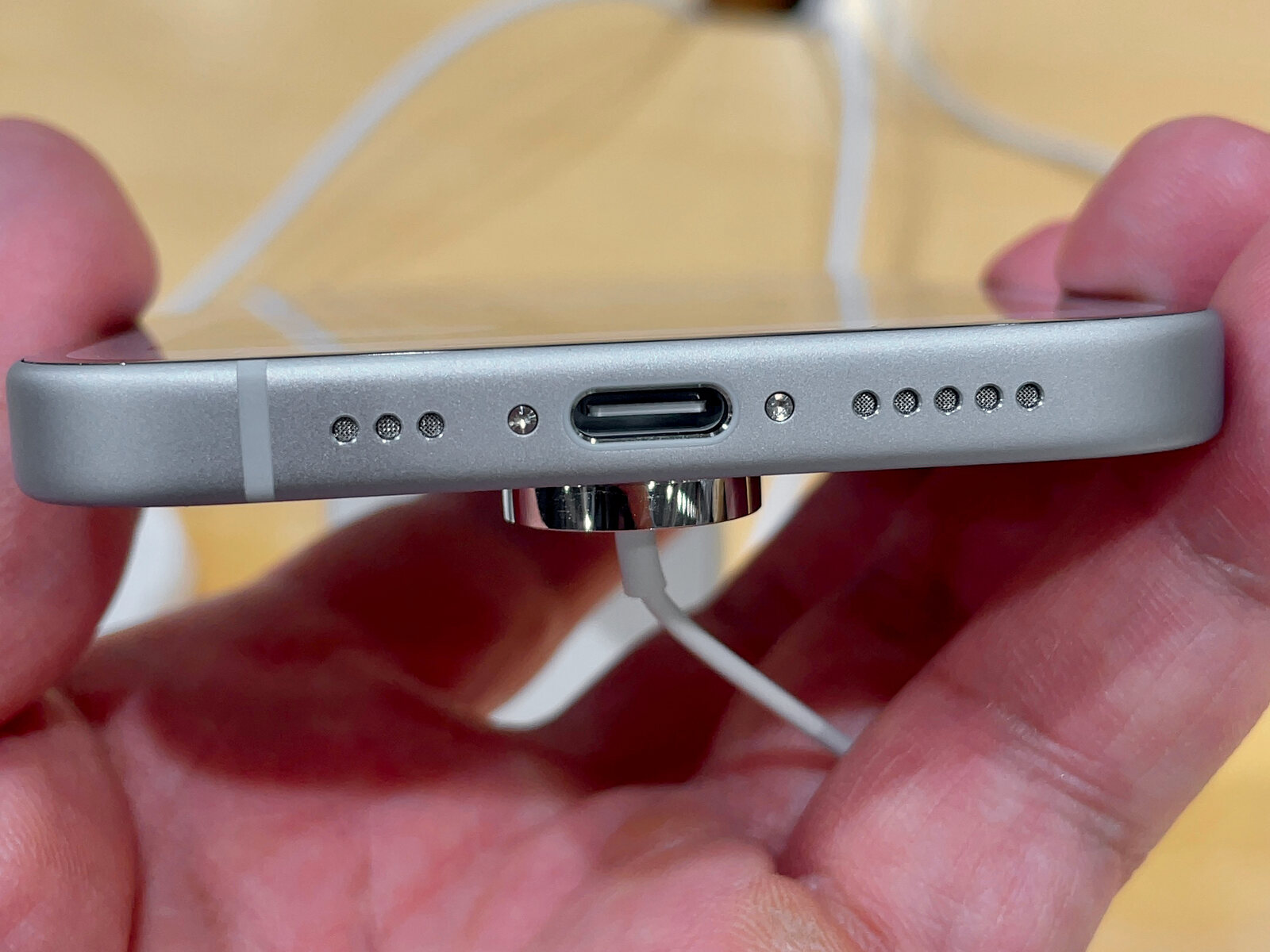 Close-up of the USB-C port on an iPhone 15