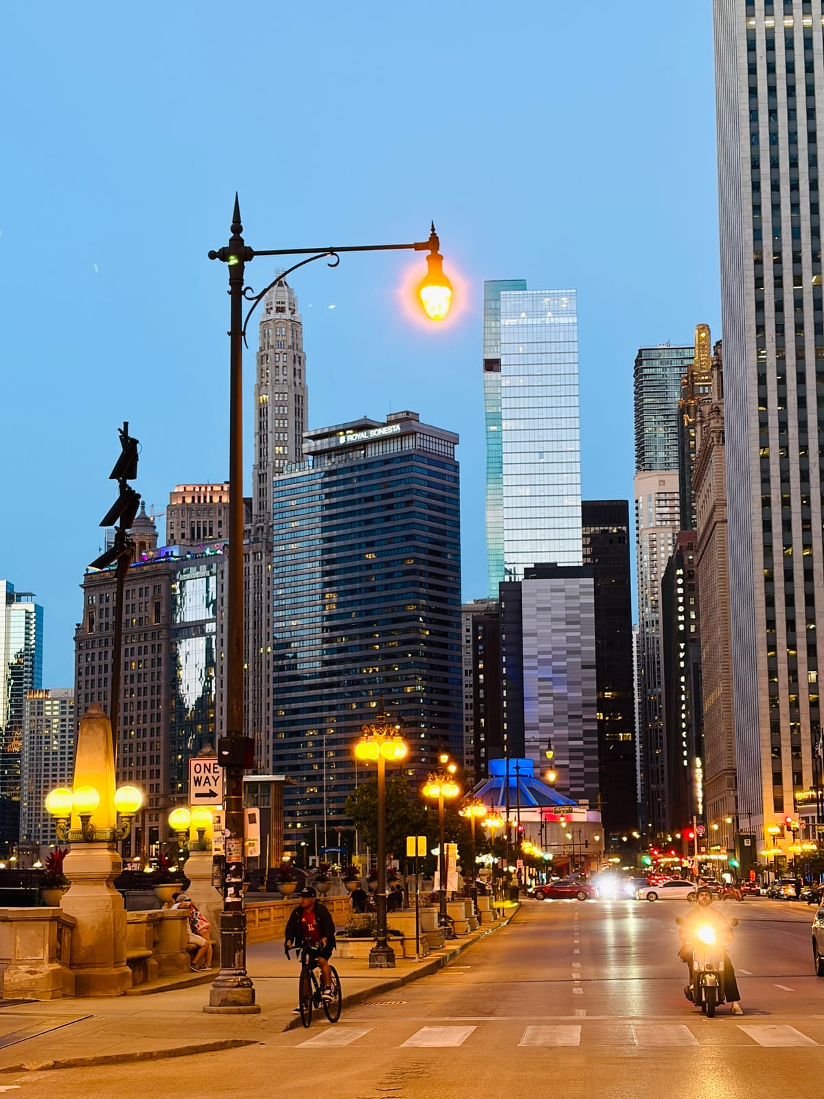 The streetlights coming on along the river esplanade at dusk.