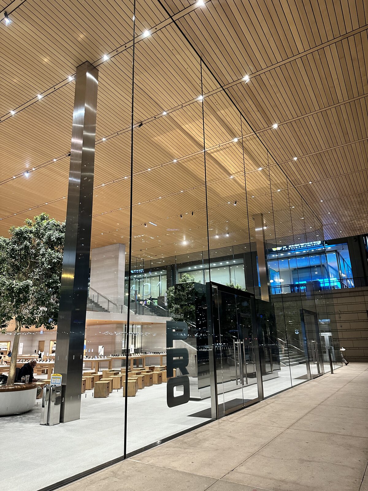 Boardwalk floor and wood ceiling, the Magnificent Mile outside.