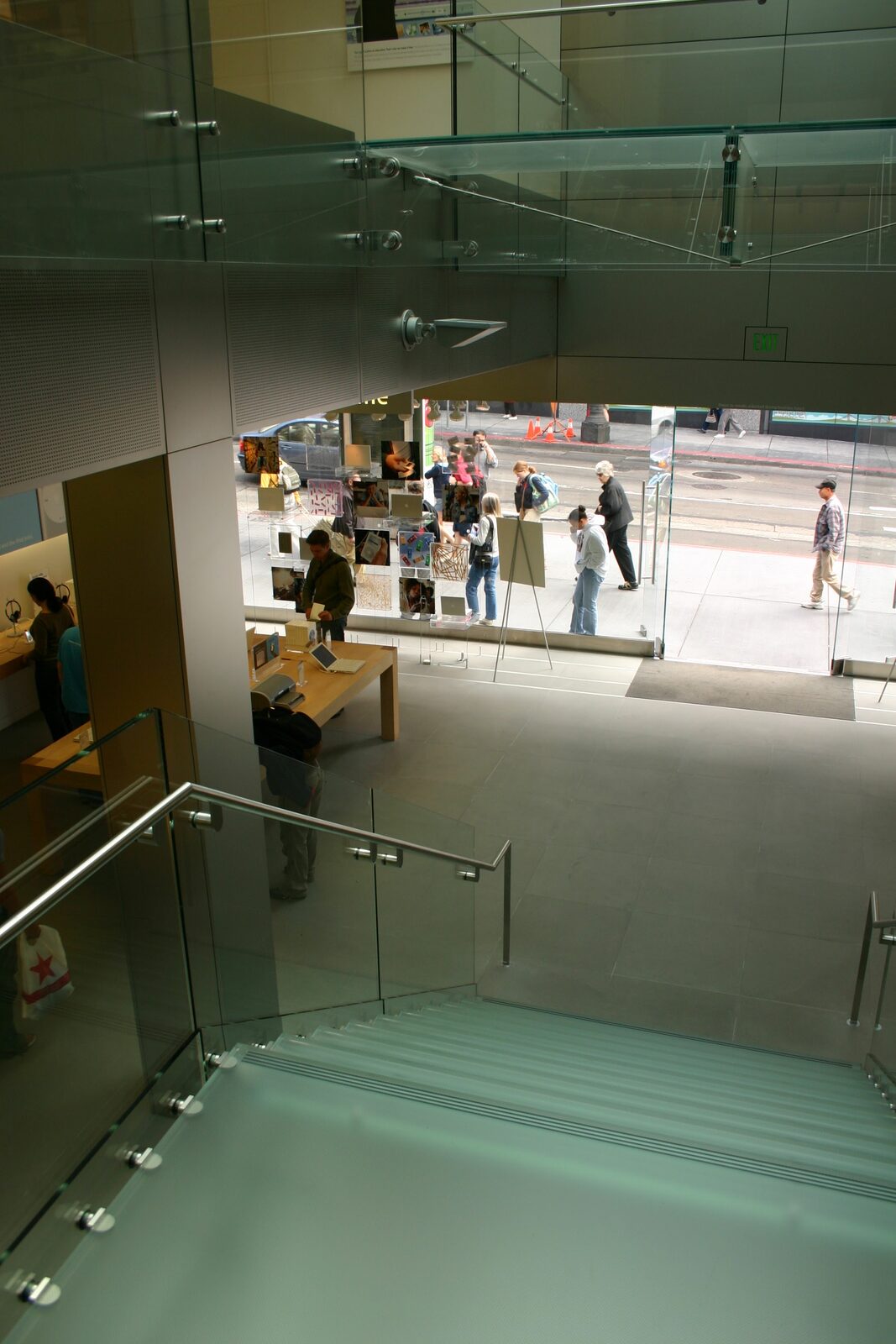 An early store in 2004, green-tinted glass stairs — back when the staircase alone was worth the trip.
