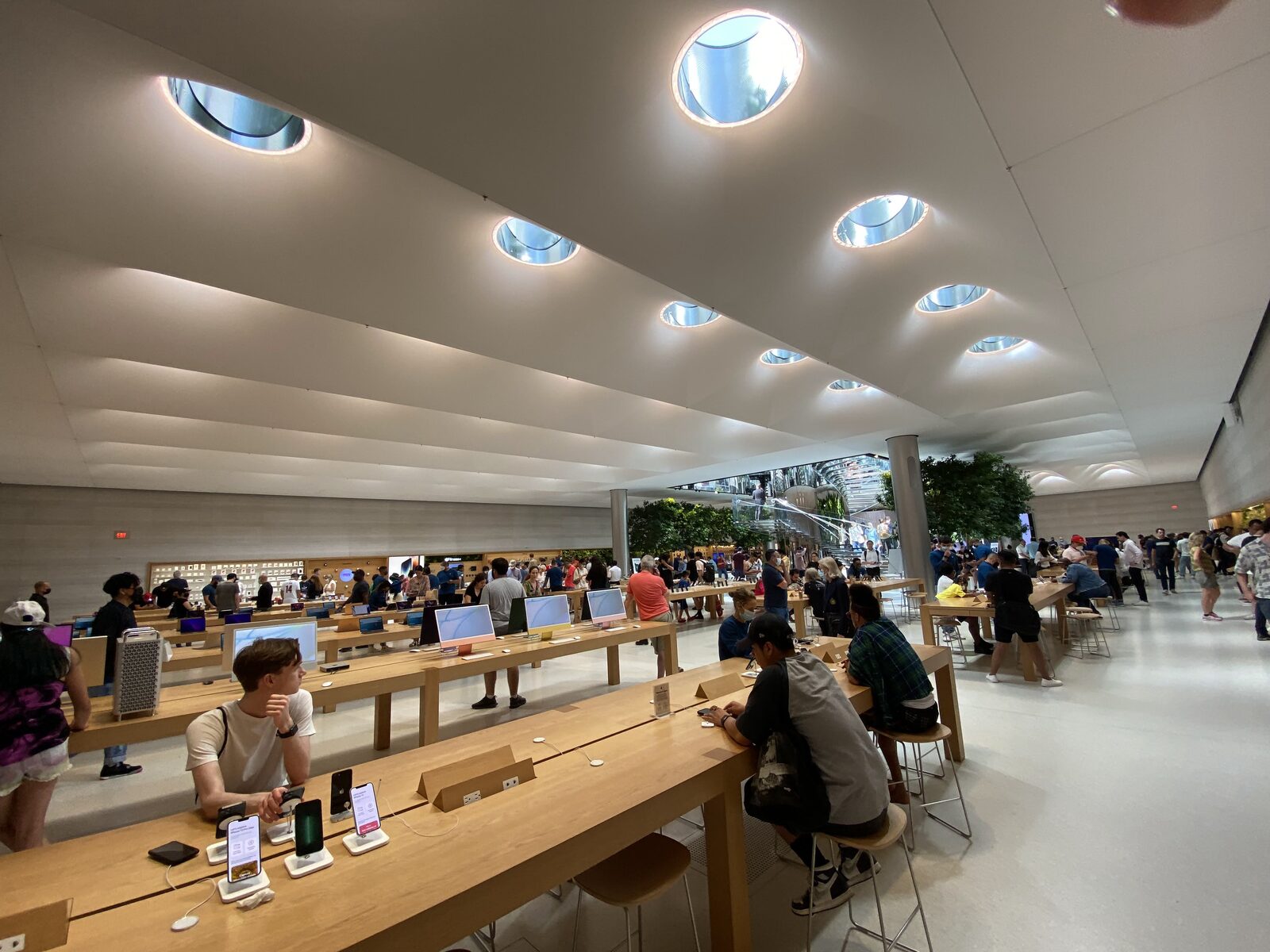 Down in the store, daylight falls through round skylights set into the plaza overhead.