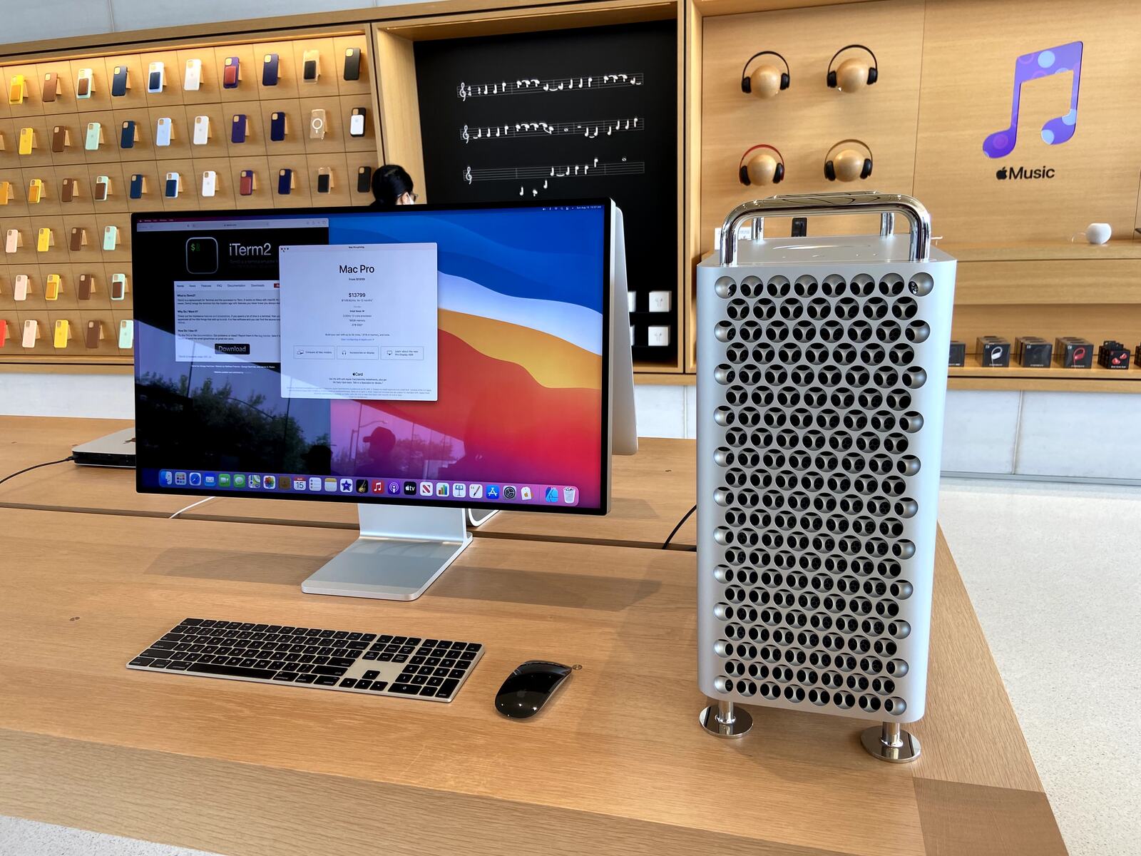 A Mac Pro and Pro Display XDR set up on the demo wall.