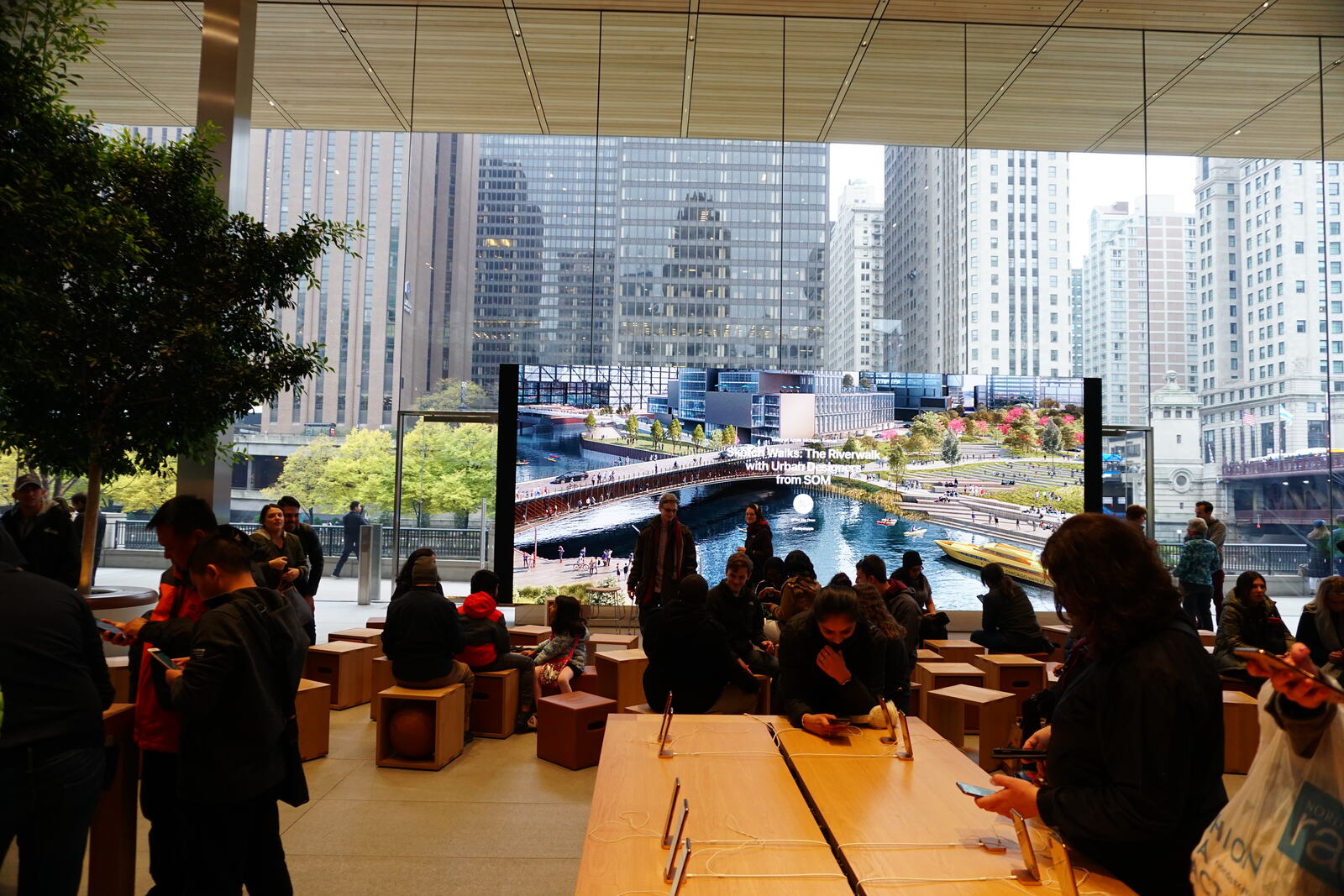 A giant video wall behind a Today at Apple session.
